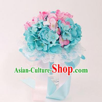 Top Grade Classical Wedding Silk Flowers, Bride Holding Emulational Pink and Blue Flowers Ball, Hand Tied Bouquet Flowers for Women