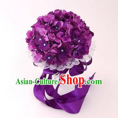 Top Grade Classical Wedding Silk Flowers, Bride Holding Emulational Purple Flowers Ball, Hand Tied Bouquet Flowers for Women