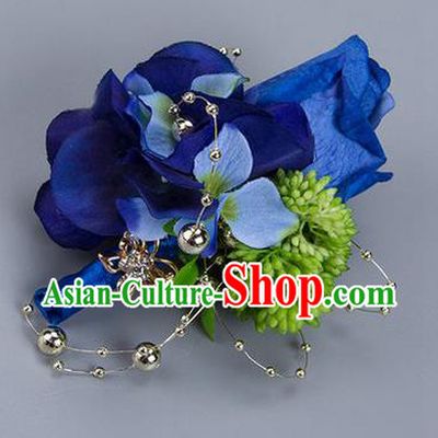 Top Grade Classical Wedding Blue Silk Flowers Brooch,Groom Emulational Corsage Groomsman Brooch Flowers for Men