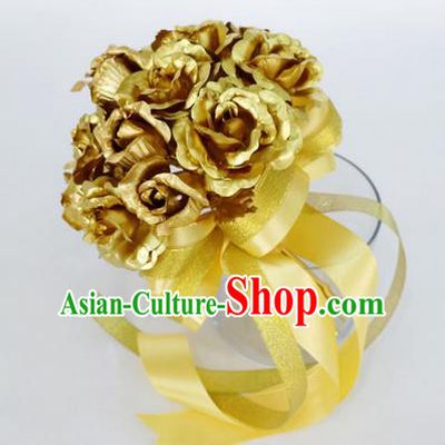 Top Grade Classical Wedding Golden Rose Flower Brooch, Bride Emulational Corsage Bridesmaid Brooch Flowers for Women