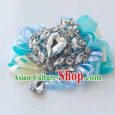 Top Grade Classical Wedding Light Blue Ribbon Corsage Brooch, Bride Emulational Corsage Bridemaid Crystal Brooch Flowers for Women