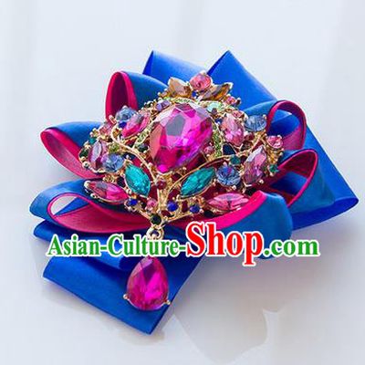 Top Grade Classical Wedding Royalblue Ribbon Corsage Brooch, Bride Emulational Corsage Bridemaid Crystal Brooch Flowers for Women