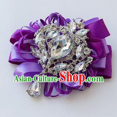 Top Grade Classical Wedding Purple Ribbon Corsage Brooch, Bride Emulational Corsage Bridemaid Crystal Brooch Flowers for Women