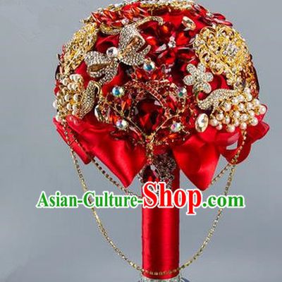 Top Grade Classical China Wedding Red Silk Flowers, Bride Holding Crystal Emulational Flowers Ball, Hand Tied Bouquet Flowers for Women