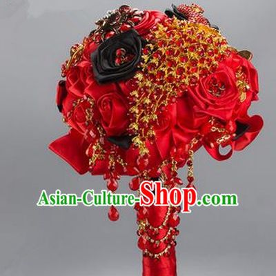 Top Grade Classical China Wedding Red Silk Flowers, Bride Holding Crystal Emulational Flowers Ball, Tassel Hand Tied Bouquet Flowers for Women