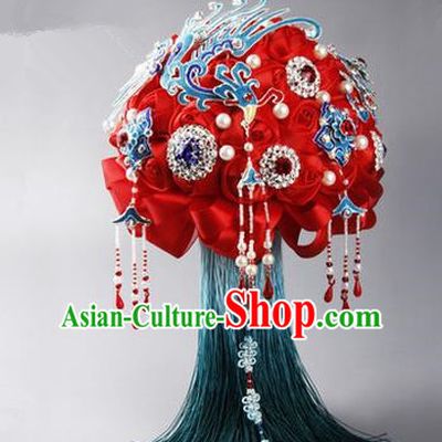 Top Grade Classical China Wedding Peking Opera Red Silk Flowers, Bride Holding Crystal Emulational Phoenix Flowers Ball, Tassel Hand Tied Bouquet Flowers for Women