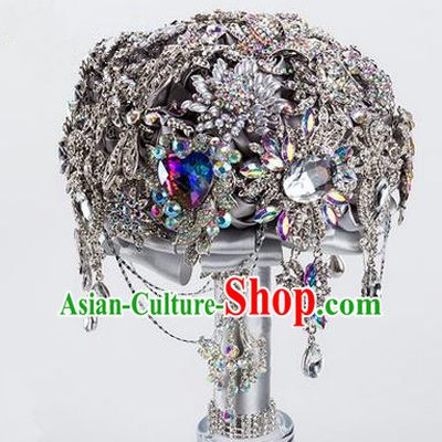 Top Grade Classical China Wedding Extravagant CZ Diamond Flowers Nosegay, Bride Holding Emulational Crystal Flowers Ball, Tassel Hand Tied Bouquet Flowers for Women