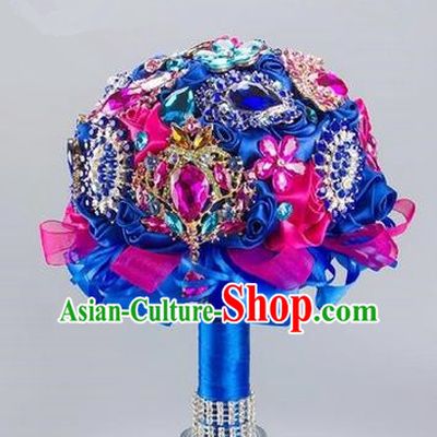 Top Grade Classical China Wedding Extravagant Ribbon Flowers Nosegay, Bride Holding Luxury Crystal Flowers Ball, Tassel Hand Tied Bouquet Flowers for Women