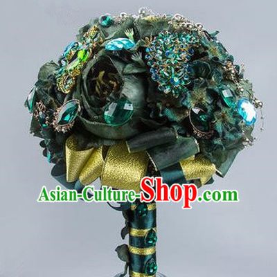 Top Grade Classical China Wedding Extravagant Flowers Nosegay, Bride Holding Luxury Green Crystal Flowers Ball, Tassel Hand Tied Bouquet Flowers for Women