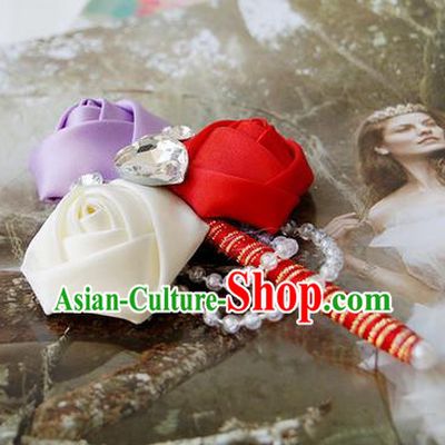 Top Grade Classical Wedding Purple and White Red Ribbon Flowers Brooch,Groom Emulational Corsage Groomsman Crystal Brooch Flowers for Men
