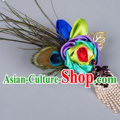 Top Grade Classical Wedding Peacock Feather Brooch, Bride Emulational Corsage Bridesmaid Crystal Tassel Brooch Flowers for Women