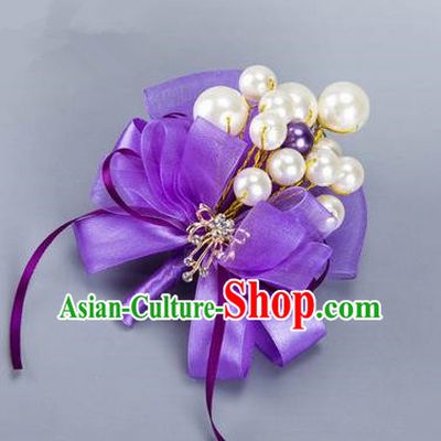 Top Grade Classical Wedding Purple Ribbon Brooch, Bride Emulational Corsage Bridesmaid Pearl Brooch Flowers for Women