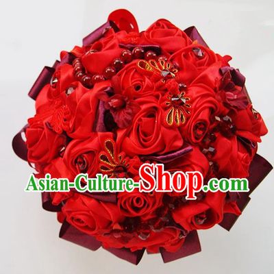 Top Grade Classical China Wedding Extravagant Chinese Knot Rose Flowers Nosegay, Bride Holding Luxury Crystal Flowers Ball Hand Tied Bouquet Flowers for Women