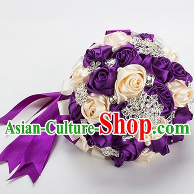 Top Grade Classical China Wedding Extravagant Chinese Knot Purple Rose Flowers Nosegay, Bride Holding Luxury Crystal Flowers Ball Hand Tied Bouquet Flowers for Women