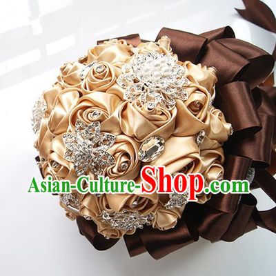 Top Grade Classical Wedding Coffee Ribbon Corsage Brooch, Bride Emulational Corsage Bridemaid Brooch Flowers for Women