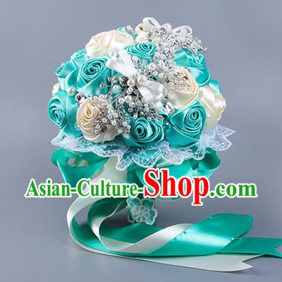 Top Grade Classical Wedding Blue Ribbon Silk Flowers, Bride Holding Emulational Flowers Ball, Hand Tied Bouquet Flowers for Women
