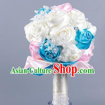 Top Grade Classical Wedding Beige Ribbon Silk Rose Flowers, Bride Holding Emulational Flowers Ball, Hand Tied Bouquet Flowers for Women
