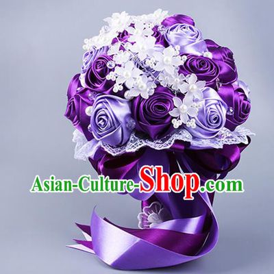 Top Grade Classical Wedding Purple Ribbon Silk Flowers, Bride Holding Emulational Flowers Ball, Hand Tied Bouquet Flowers for Women