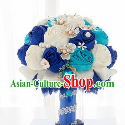 Top Grade Classical Wedding Ribbon Silk Flowers, Bride Holding Emulational Crystal Pearls Shell Flowers Ball, Hand Tied Bouquet Flowers for Women