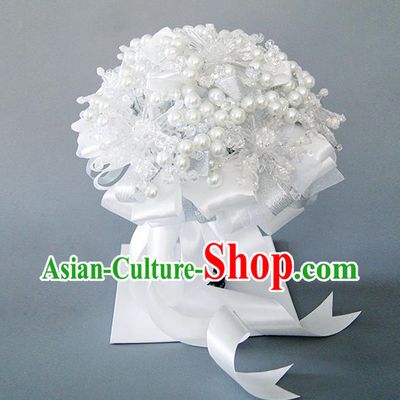 Top Grade Classical Wedding White Pearls Flowers, Bride Holding Emulational Flowers Ball, Hand Tied Bouquet Flowers for Women