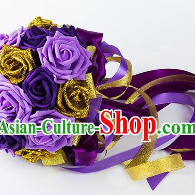 Top Grade Classical Wedding Bride Purple Rose Flowers Holding Emulational Flowers Ball, Hand Tied Bouquet Flowers for Women