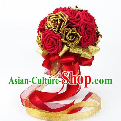 Top Grade Classical Wedding Bride Red Rose Flowers Holding Emulational Flowers Ball, Hand Tied Bouquet Flowers for Women