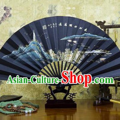 Traditional Chinese Crafts Ebonize Folding Fan, China Sensu Landscape Painting Calligraphy Silk Fan Hanfu Fans for Men