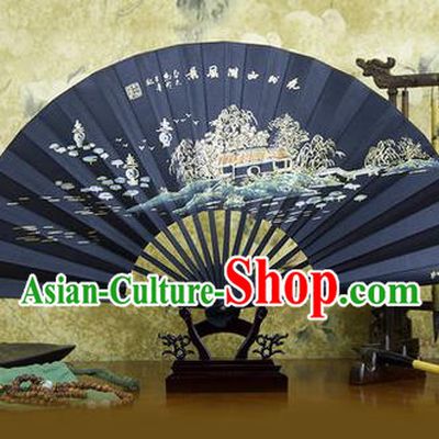 Traditional Chinese Crafts Ebonize Folding Fan, China Sensu Landscape Painting Calligraphy Silk Fan Hanfu Fans for Men