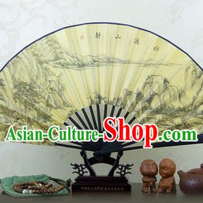 Traditional Chinese Crafts Ebonize Folding Fan, China Sensu Landscape Ink Painting Silk Fan Hanfu Fans for Men