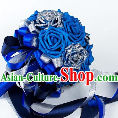 Top Grade Classical Wedding Bride Blue Rose Flowers Holding Emulational Flowers Ball, Hand Tied Bouquet Flowers for Women