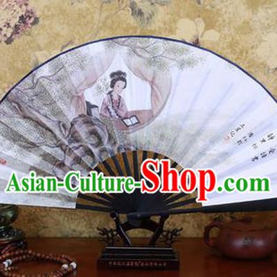 Traditional Chinese Crafts Ebonize Folding Fan, China Sensu Ink Painting Beauty Silk Fan Hanfu Fans for Men