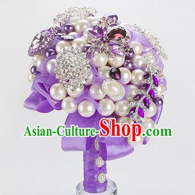 Top Grade Classical Wedding Bride Purple Ribbon Flowers Holding Emulational Flowers Ball, Crystal Hand Tied Bouquet Flowers for Women