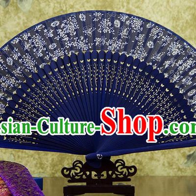 Traditional Chinese Crafts Blue Folding Fan, China Sensu Spring Snow Silk Fan Hanfu Fans for Women