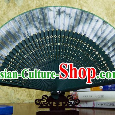 Traditional Chinese Handmade Crafts Green Folding Fan, China Sensu Ink Painting Silk Fan Hanfu Fans for Women