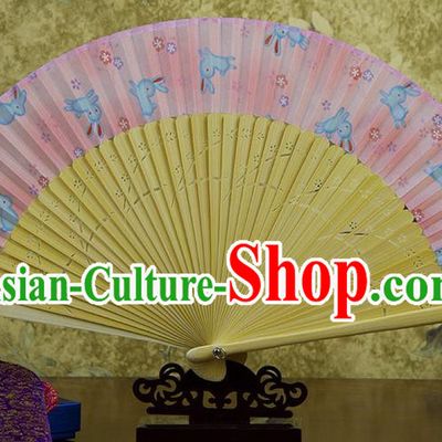 Traditional Chinese Handmade Crafts Pink Folding Fan, China Sensu Printing Rabbits Silk Fan Hanfu Fans for Women