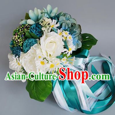 Top Grade Classical Wedding Bride Blue Silk Flowers Holding Emulational Flowers Ball, Crystal Hand Tied Bouquet Flowers for Women