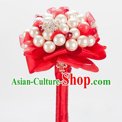 Top Grade Classical Wedding Bride Red Ribbon Flowers Holding Emulational Flowers Ball, Crystal Hand Tied Bouquet Flowers for Women