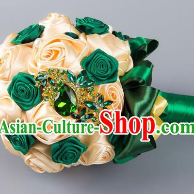 Top Grade Classical Wedding Bride Champagne and Green Silk Rose Flowers Holding Emulational Flowers Ball, Hand Tied Bouquet Flowers for Women
