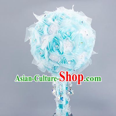 Top Grade Classical Wedding Bride Extravagant Blue Crystal Rose Flowers Holding Emulational Flowers Ball, Frozen Hand Tied Bouquet Flowers for Women