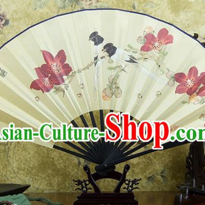 Traditional Chinese Handmade Crafts Ebonize Folding Fan, China Sensu Painting Magpie Wintersweet Silk Fan Hanfu Fans for Men
