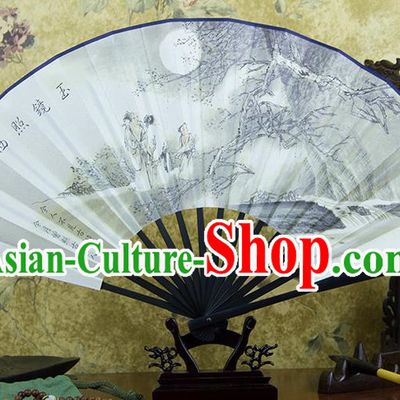 Traditional Chinese Handmade Crafts Ebonize White Folding Fan, China Sensu Painting Hangzhou West Lake View Silk Fan Hanfu Fans for Men