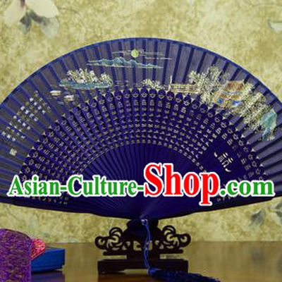 Traditional Chinese Handmade Crafts Folding Fan, China Sensu Painting Autumn Moon on Calm Lake Silk Fan Hanfu Fans for Women