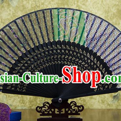 Traditional Chinese Handmade Crafts Folding Fan, China Pink Printing Flowers Sensu Black Silk Fan Hanfu Fans for Women
