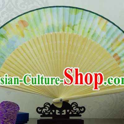 Traditional Chinese Handmade Crafts Folding Fan, China Green Printing Flowers Sensu Green Silk Fan Hanfu Fans for Women