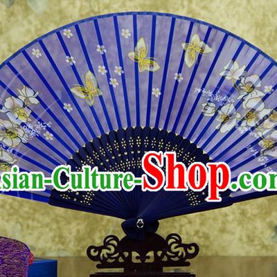 Traditional Chinese Handmade Crafts Folding Fan, China Printing Butterfly Flowers Sensu Blue Silk Fan Hanfu Fans for Women