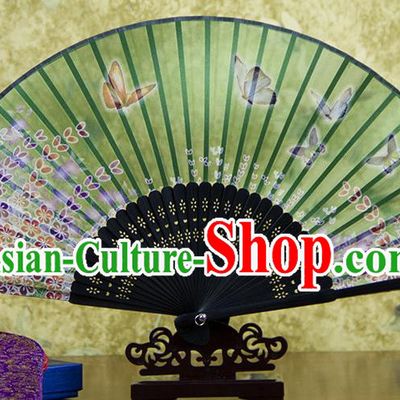 Traditional Chinese Handmade Crafts Folding Fan, China Printing Butterfly Flowers Sensu Green Silk Fan Hanfu Fans for Women