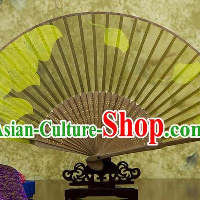 Traditional Chinese Handmade Crafts Folding Fan, China Printing Leaf Sensu Yellow Silk Fan Hanfu Fans for Women