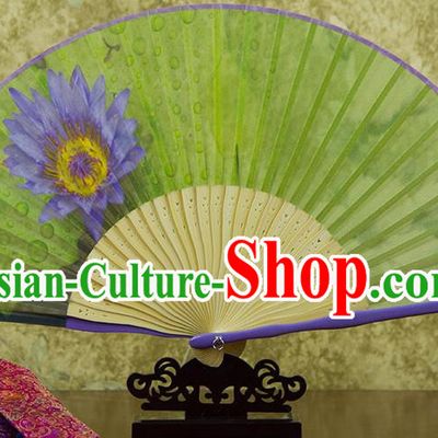 Traditional Chinese Handmade Crafts Folding Fan, China Printing Blue Lotus Flower Sensu Silk Fan Hanfu Fans for Women