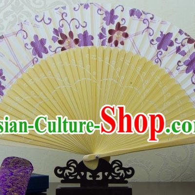 Traditional Chinese Handmade Crafts Folding Fan, China Printing Purple Flowers Sensu Silk Fan Hanfu Fans for Women
