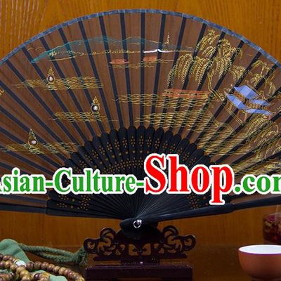 Traditional Chinese Handmade Crafts Folding Fan, China Printing West Lake Scenery Sensu Silk Fan Hanfu Fans for Women